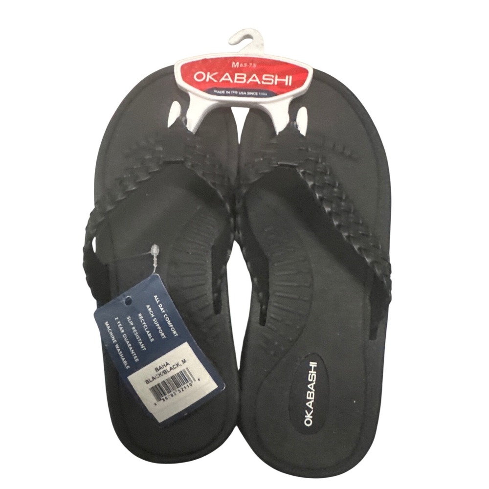 Okabashi Baha Black Braided Strap Flip‎ Flop Sandals Womens Size M 6.5-7.5 NEW